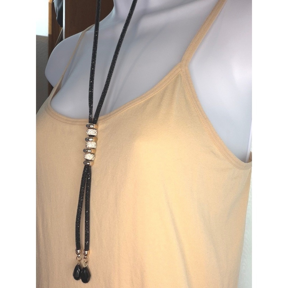 Lariat Necklace Women Black Gold Rhinestone Mesh Cord Teardrop